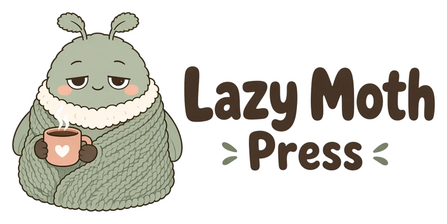 Lazy Moth Press logo: a sleepy moth wrapped in a green knitted blanket holding a mug